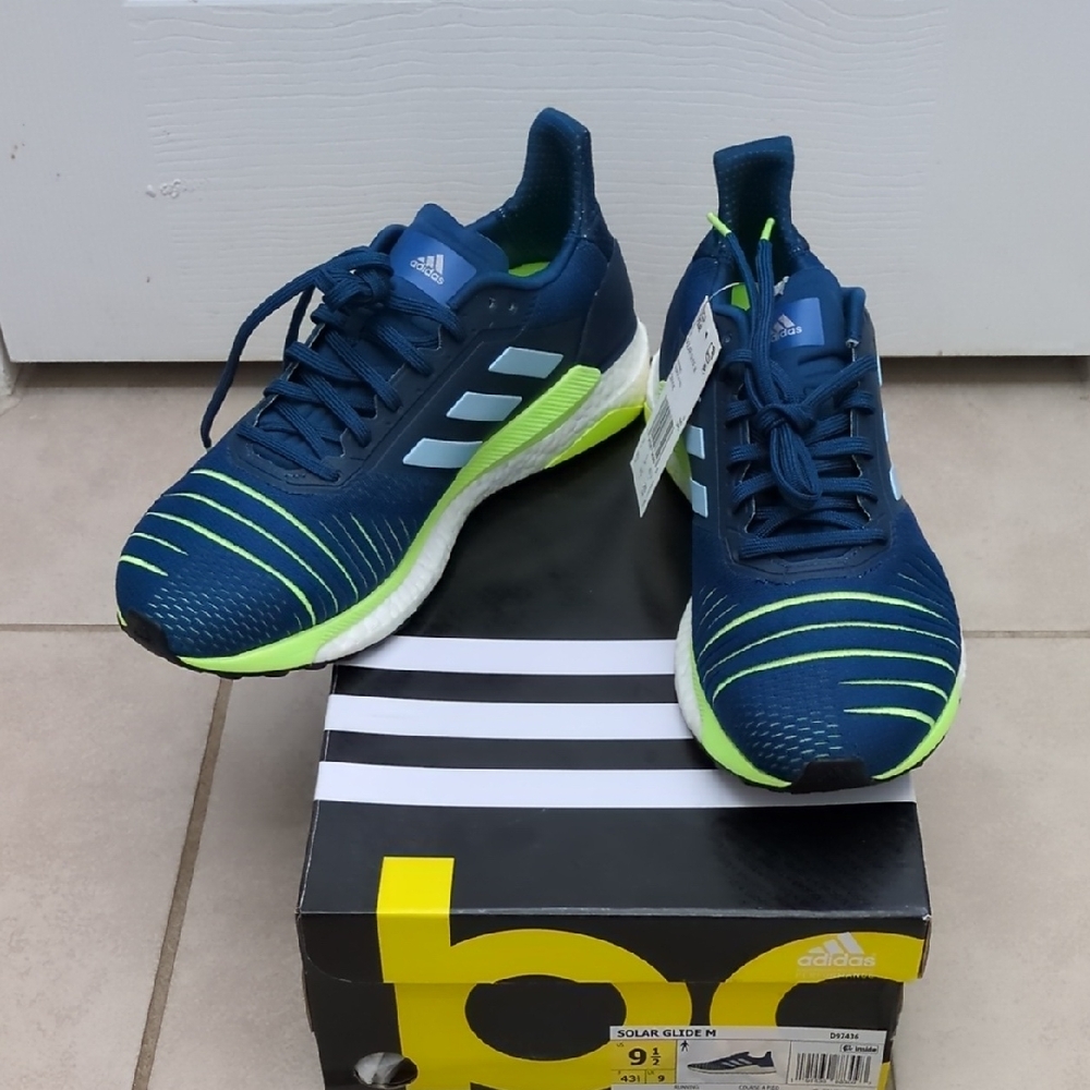 BNIB, Adidas Solar Glide Men's Blue and Neon Green Running Sneakers